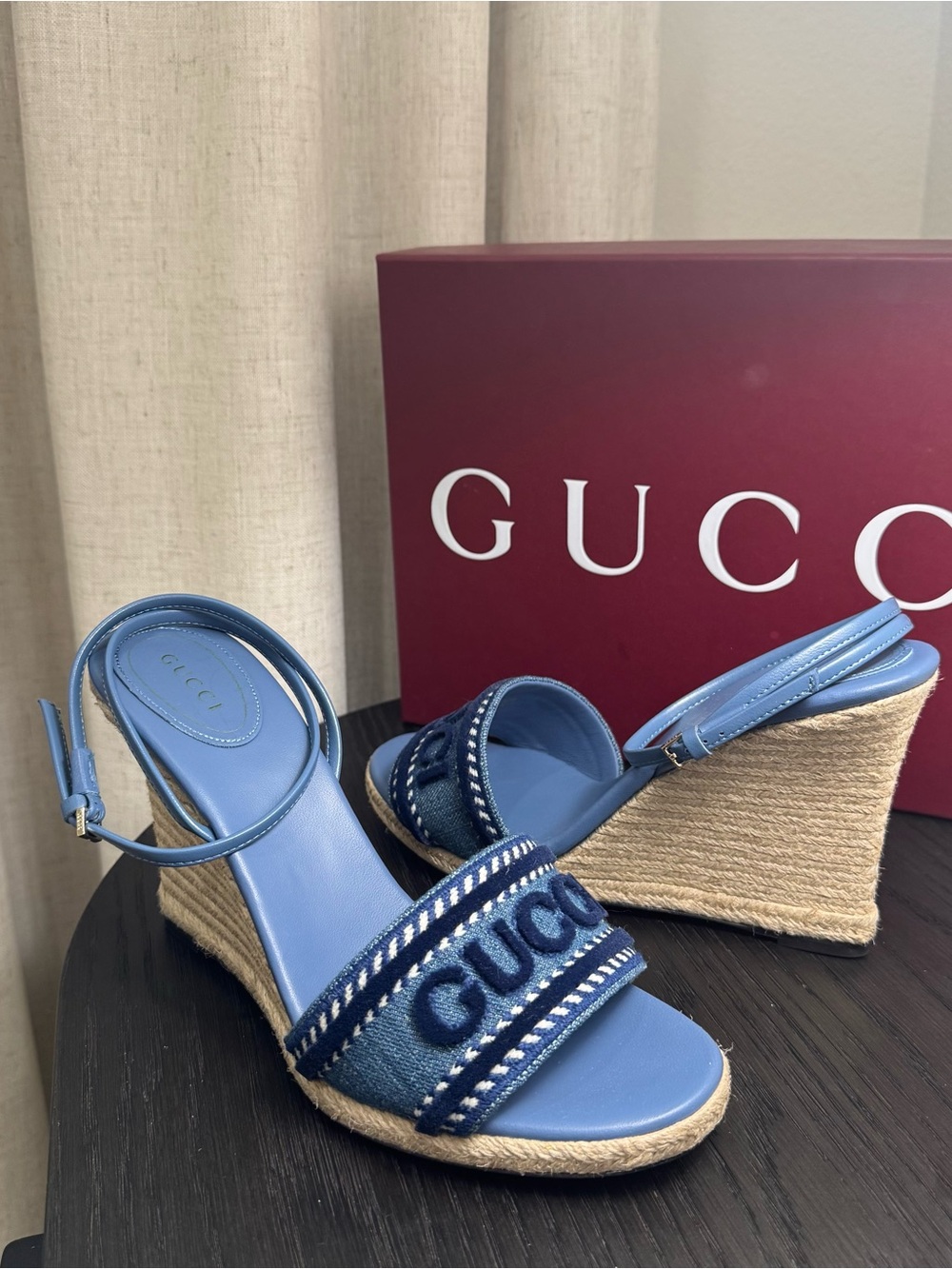 Gucci Ines Logo Denim Wedge Espadrilles 39.5 - Picture 4 of 8